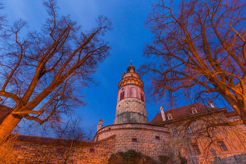 Europe-Czech Republic-Cesky Krumlov-Castle and trees at sunset Poster Print - Jaynes Gallery # VARPDXEU06BJY0072