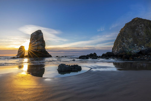 Haystack Rock Pinnacles at low tide in Cannon Beach-Oregon-USA Poster Print - Chuck Haney # VARPDXUS38CHA0455