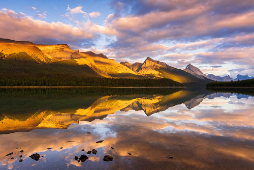 Evening light on Maligne Lake and Sampson Peak-Jasper National Park-Alberta-Canada Poster Print - Russ Bishop # VARPDXCN01RBS0164