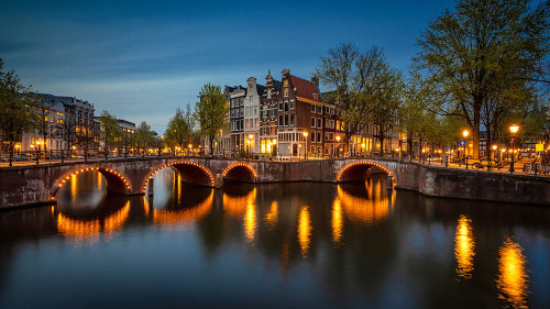 Europe-The Netherlands-Amsterdam-Canal scene at sunset Poster Print - Jaynes Gallery # VARPDXEU20BJY0350