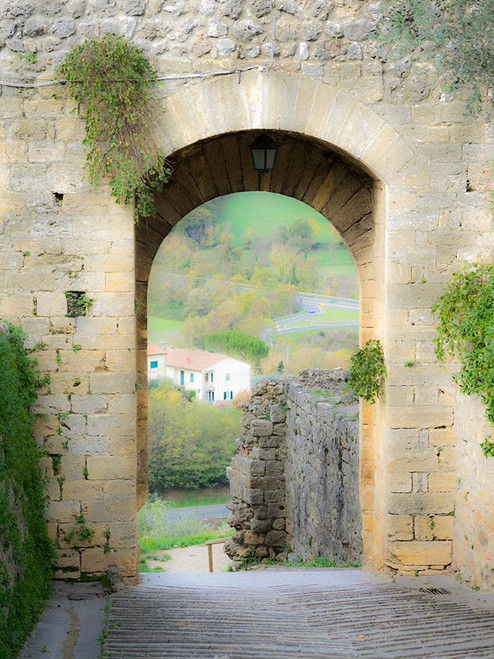 Italy-Chianti-Monteriggioni Looking out an arched entrance into the walled town Poster Print - Julie Eggers # VARPDXEU16JEG1893
