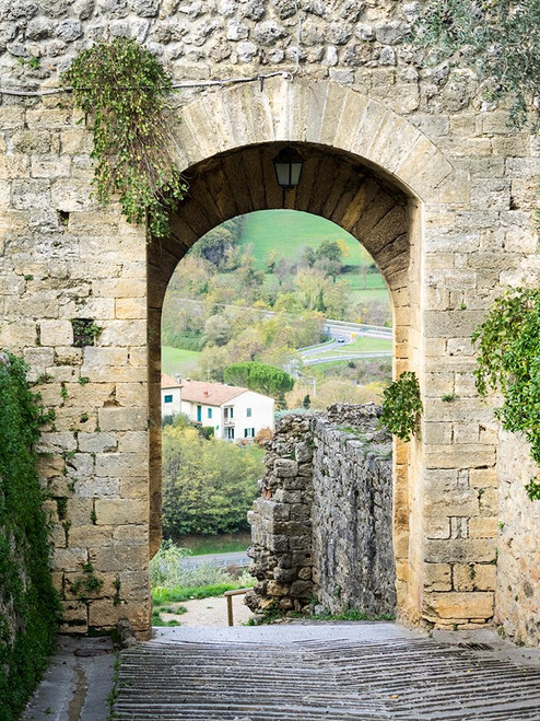 Italy-Chianti-Monteriggioni Looking out an arched entrance into the walled town Poster Print - Julie Eggers # VARPDXEU16JEG1894