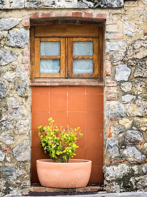 Italy-Chianti-Monteriggioni Wooden shutters on a window with planter below Poster Print - Julie Eggers # VARPDXEU16JEG1895