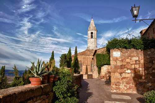 Italy-Tuscany-Pienza The bell tower of the Duomo Santa Maria Assunta Cathedral Poster Print - Julie Eggers # VARPDXEU16JEG1153