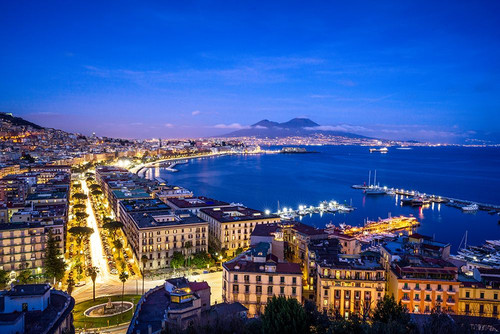 Europe-Italy-Naples-Overview of city with Mt-Vesuvius at sunset Poster Print - Jaynes Gallery # VARPDXEU16BJY0586