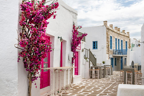 Mykonos Street with Flowers Poster Print - Richard Silver