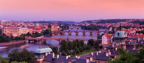 Europe-Czech Republic-Prague-Panoramic overview of Vltava River and bridges Poster Print - Jaynes Gallery # VARPDXEU06BJY0077