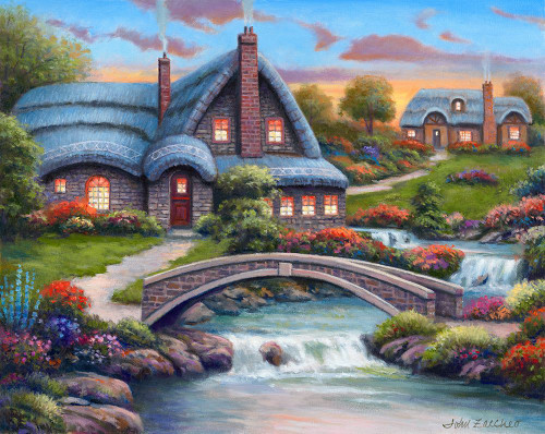 Stone Bridge Cottages Poster Print - John Zaccheo (24 x 18)