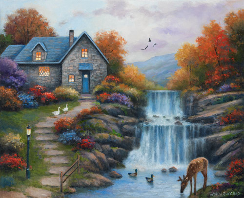 Cottage by the Falls Poster Print - John Zaccheo (12 x 10)