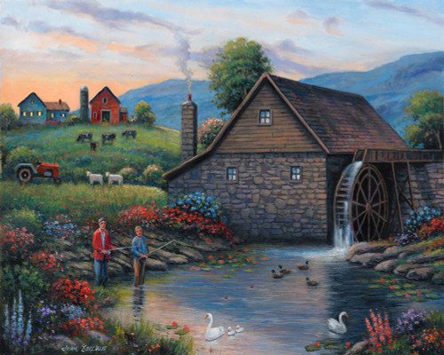 Fishing by the Waterwheel Poster Print - John Zaccheo (31 x 24)