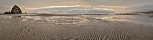 USA- Oregon. Cannon Beach and panorama of Haystack at sunset and low tide. Poster Print - Darrell Gulin (36 x 9)