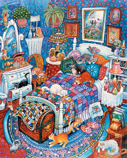 Blue Bedroom Cats Poster Print - Bill Bell (12 x 15)