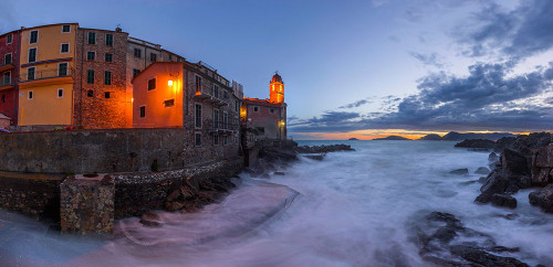 Europe-Italy-Tellaro-Panoramic of village and sea at sunset Poster Print - Jaynes Gallery # VARPDXEU16BJY0612