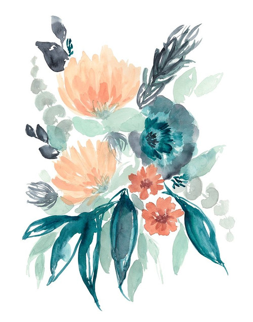 Teal and Peach Bouquet I Poster Print - Jennifer Goldberger