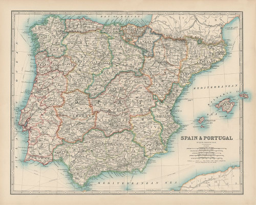 Johnstons Map of Spain and Portugal Poster Print - Johnston