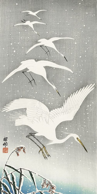 Descending egrets in snow by Ohara Koson - Item # VARPDX55137 Descending egrets in snow by Ohara Koson - Item # VARPDX55137