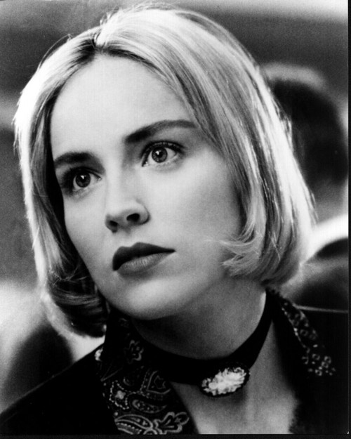 Sharon Stone Close Up Wearing Choker In Silver Black And White Photo Print - Item # MVM58880