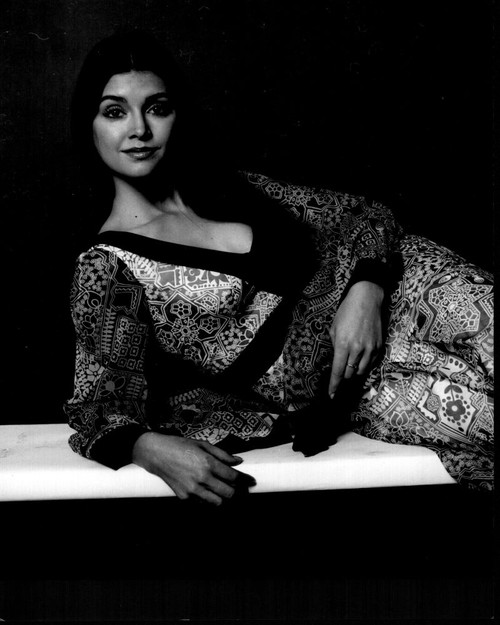 Victoria Principal Laying On Side In Patterned Dress Black And White Photo Print - Item # MVM56214