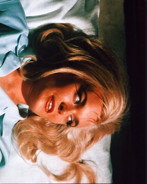 Shirley Eaton Laying In Blue Shirt In Goldfinger Photo Print - Item # MVM57562