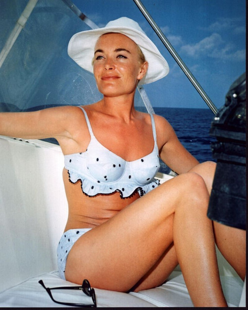 Shirley Eaton On Boat In White And Black Bikini Photo Print - Item # MVM57513