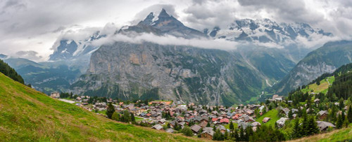 Europe-Switzerland-Bernese Oberland Panoramic of mountains and village in valley Poster Print - Gallery Jaynes