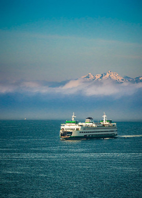 USA-WA-Seattle Ferry sails into Seattles Elliot Bay in morning fog and the Olympic Mountains Poster Print - Richard Duval