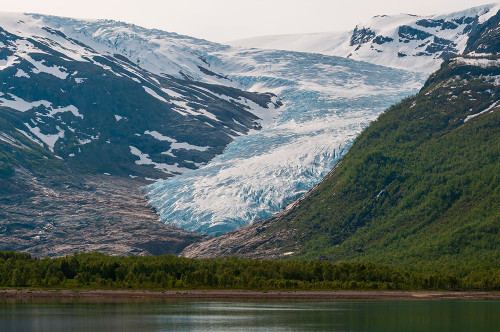 Svartisen glacier of the Svartisen ice cap flows toward Holandsfjorden Svartisen-Norway Poster Print - Sergio Pitamitz