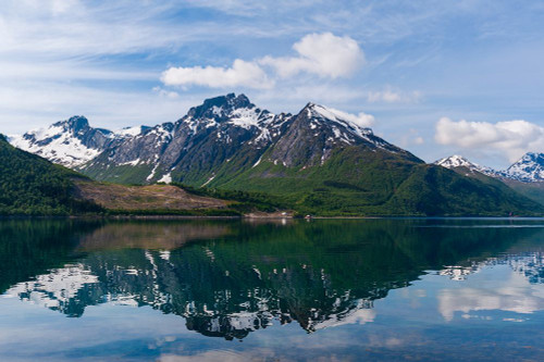 Ice streaked mountains reflect on Holandsfjorden near Svartisen glacier Svartisen-Norway Poster Print - Sergio Pitamitz