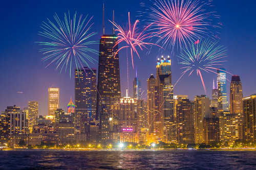 USA-Illinois-Chicago Composite of downtown skyline and fireworks Poster Print - Gallery Jaynes