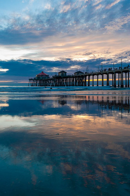 The Huntington Beach Pier and reflections on the wet beach at sunset Huntington Beach-California Poster Print - Sergio Pitamitz