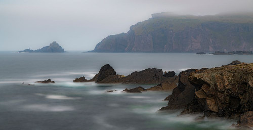 Ireland-Ferriters Cove Ocean and cliff in misty landscape Poster Print - Gallery Jaynes