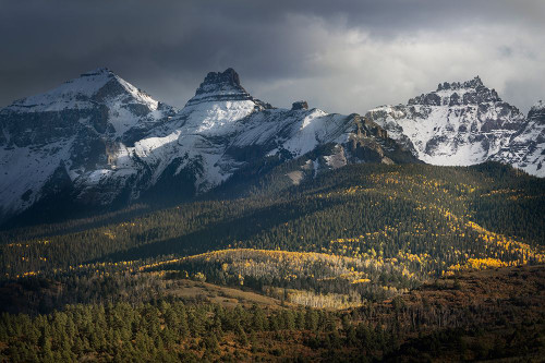 USA-Colorado-Uncompahgre National Forest Mt Sneffels with storm and forest in autumn Poster Print - Gallery Jaynes