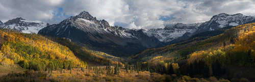 USA-Colorado-Uncompahgre National Forest Panoramic of Mt Sneffels and forest landscape in autumn Poster Print - Gallery Jaynes