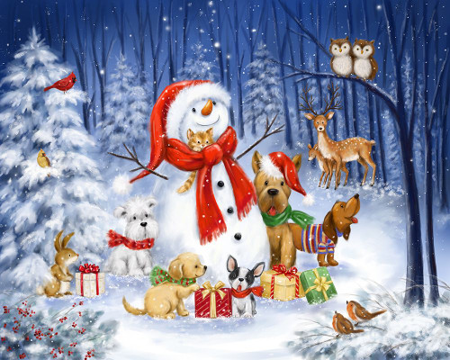 Snowman with dogs in wood Poster Print - MAKIKO