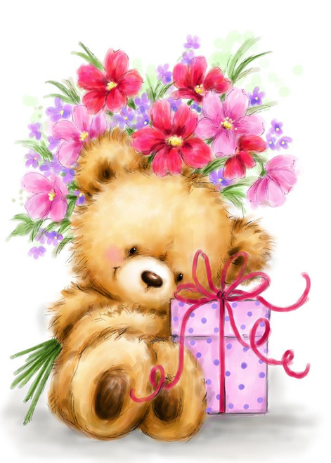 Bear with Present and Flowers Poster Print - MAKIKO