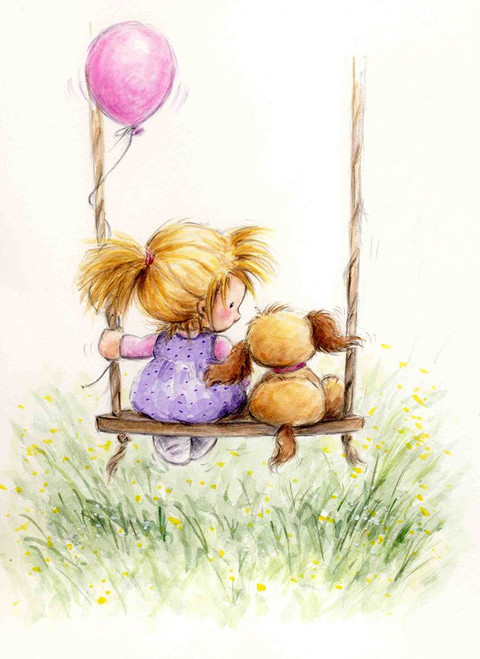 Girl and Dog on Swing Poster Print - MAKIKO