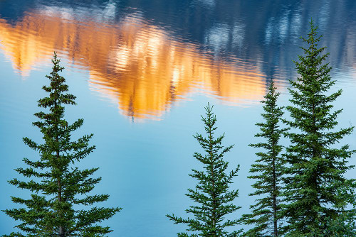 Canada-Alberta-Banff National Park Peaks of Mt Rundle reflected in Two Jack Lake at sunrise Poster Print - Gallery Jaynes