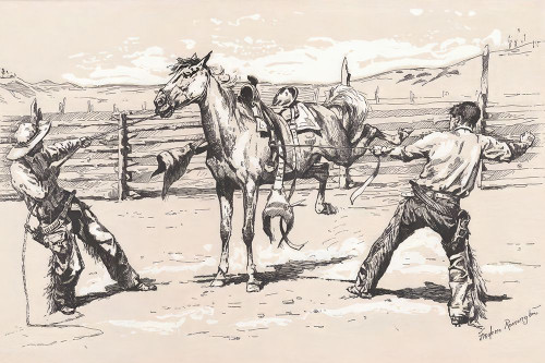 Bronco Busters Saddling Poster Print - Frederic Remington