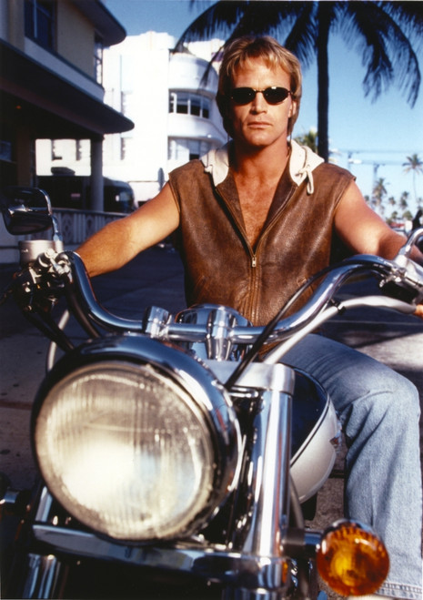 Brian Bosworth Posed on Motorcycle with Brown Leather Vest Photo Print
