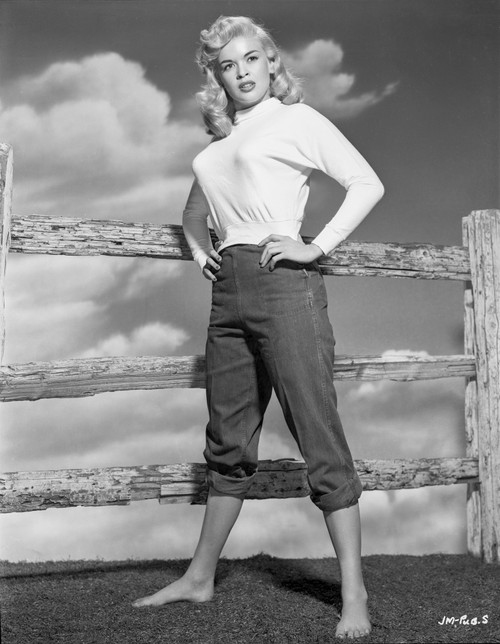 Jayne Mansfield Posed in White Round Neck Long Sleeve Tweed Shirt and Black Linen Rolled Bottom Long Pants with Hands on the Waist Photo Print - Item # VARCEL685397