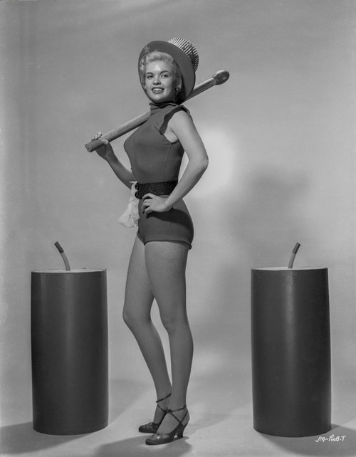 Jayne Mansfield Posed in Black Linen One Piece Sleeveless Sexy Suit and Top Hat with Left Hand on the Waist Photo Print - Item # VARCEL685432