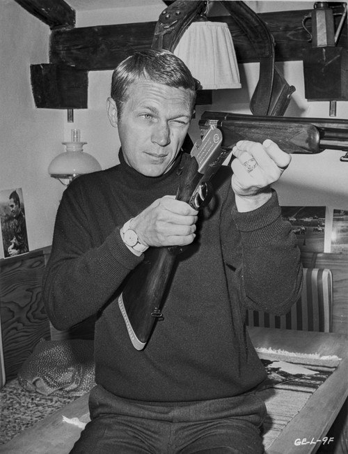 Steve McQueen Pointing Rifle in Black and White Portrait Photo Print - Item # VARCEL685822
