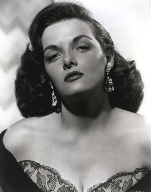 Jane Russell Portrait in Black Lace Top Shoulder Dress and Dangling Earrings Photo Print - Item # VARCEL687420