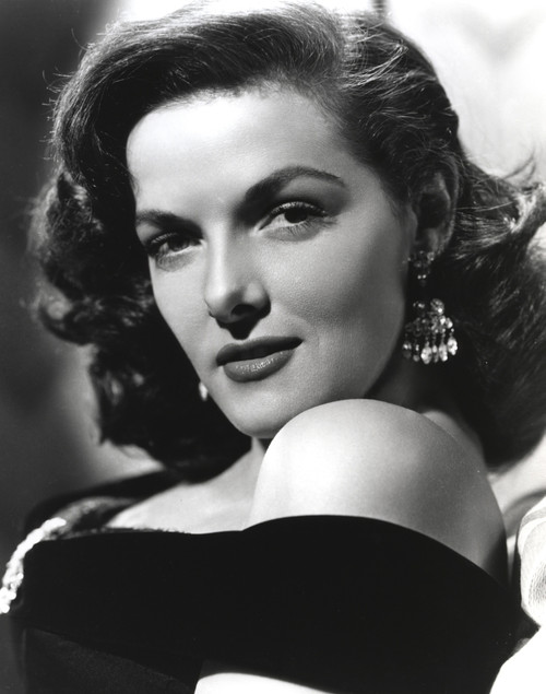 Jane Russell Portrait in Black Silk Shoulder Dress and Dangling Pear Earrings Photo Print - Item # VARCEL687475
