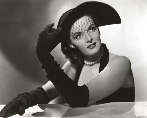 Jane Russell Portrait in Black Velvet Halter Dress and Velvet Gloves with Black Lace Hat and Pearl Earrings Photo Print - Item # VARCEL687477
