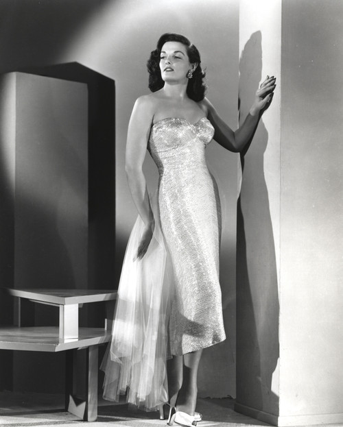 Jane Russell Posed in White Silk Strapless Shoulder Dress with Right Hand Holding a Silk Cloth Photo Print - Item # VARCEL687485