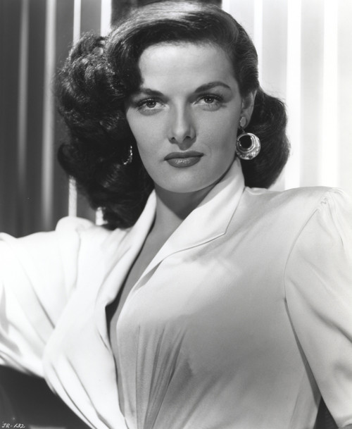 Jane Russell Portrait in White Silk V-Neck Long Sleeve Dress and Layered Hoop Earrings Photo Print - Item # VARCEL687484