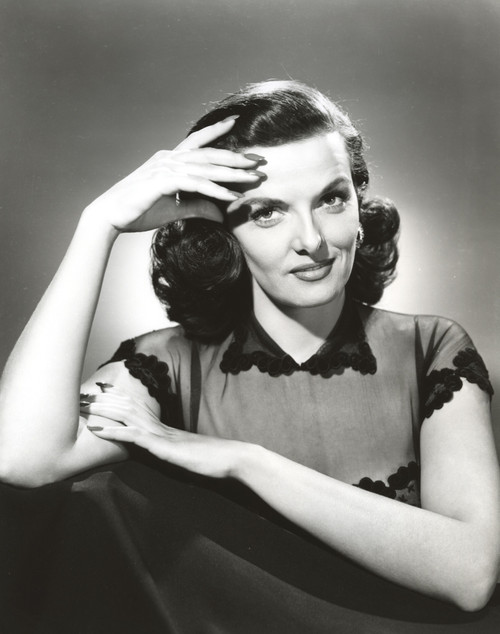 Jane Russell Portrait in Black Sheer Silk Top Short Sleeve Lace Dress with Right Hand on the Forehead Photo Print - Item # VARCEL687492