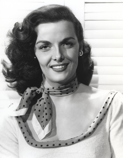 Jane Russell Close Up Portrait in White Sheer Silk Dress and Pearl Earrings with Head Leaning on the Left Hand Photo Print - Item # VARCEL687498