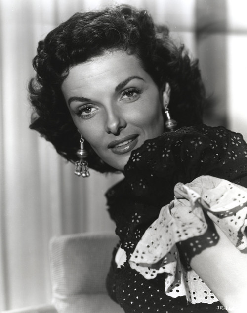 Jane Russell Portrait in Black Ruffle Sleeve Polka Dot Dress and Dangling Earrings Photo Print - Item # VARCEL687514